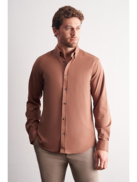İMZA Vizon Düğmeli Yaka Örme Uzun Kol Performans Ürün Slim Fit Esnek Gömlek 1004255270 - S000505445-26429
