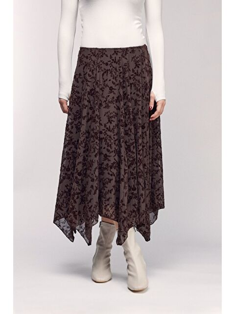 Saade Kahverengi Floral Desenli Asimetrik Kesim Maxi Etek - Astarlı - S000504791-19413