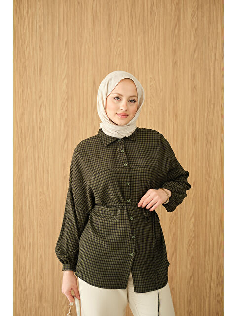 Locco Moda Kadın Ekose Desen Bel Bağlamalı Gömlek Koyu Yeşil