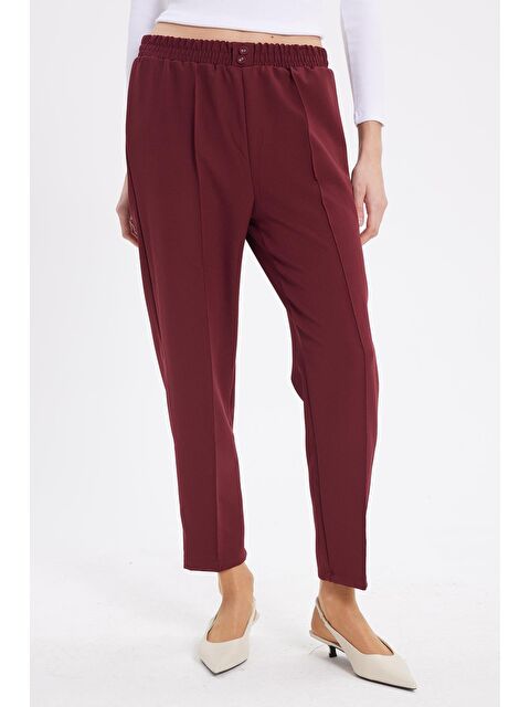 TUDORS Kadın Relax Fit Rahat Kesim Yüksel Bel Düz Paça Beli Lastikli Bordo Pantolon - S000523050-19951