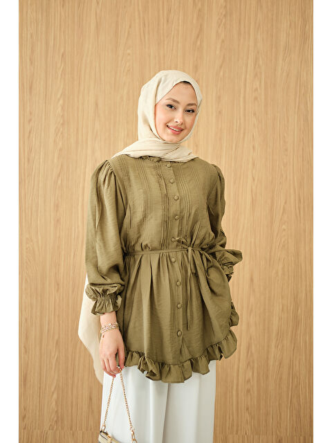 Locco Moda Kadın Önü Nervurlu Bel Bağlamalı Gömlek Yeşil