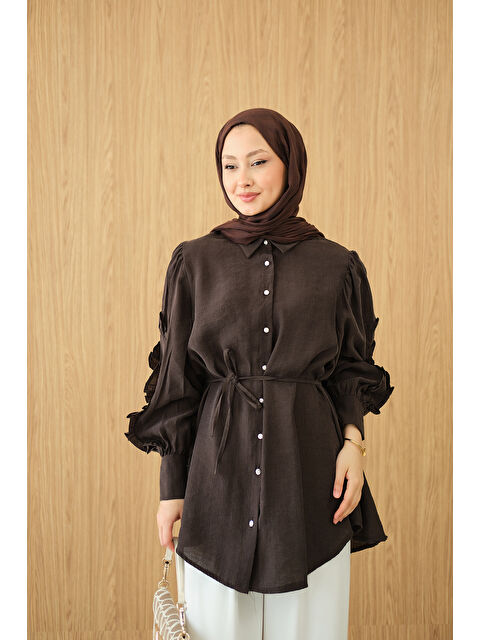 Locco Moda Kadın Kolları Fırfırlı Bel Bağlamalı Gömlek Kahverengi