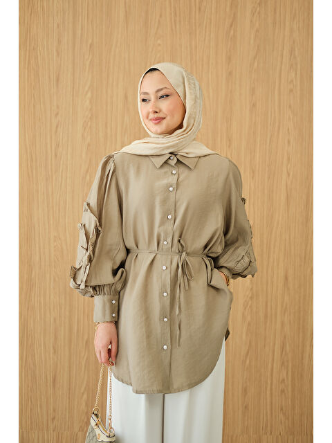 Locco Moda Kadın Kolları Fırfırlı Bel Bağlamalı Gömlek Küf Yeşil