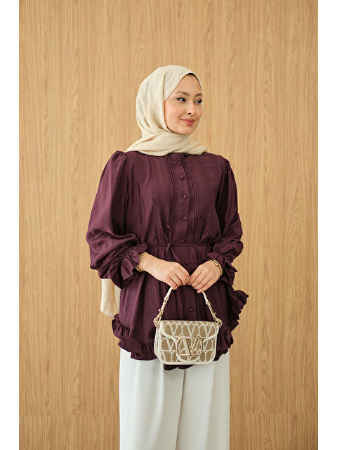 Locco Moda Kadın Önü Nervurlu Bel Bağlamalı Gömlek Bordo