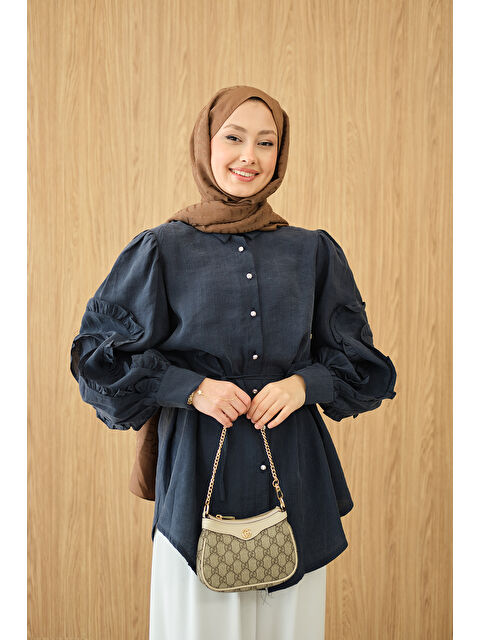 Locco Moda Kadın Kolları Fırfırlı Bel Bağlamalı Gömlek Lacivert