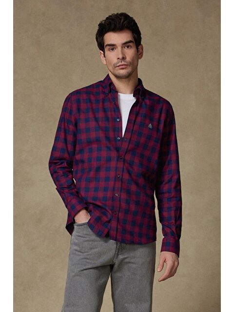 ABBATE Luis Twill Pamuklu Comfort Fit Bordo Düğmeli Yaka Erkek Ekoseli %100 Pamuk Gömlek - S000438236-19951