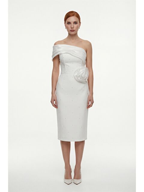 Lafaba Kadın Beyaz Kayık Yaka İncili Söz Nişan Nikah Abiye Elbise - S000506667-20063