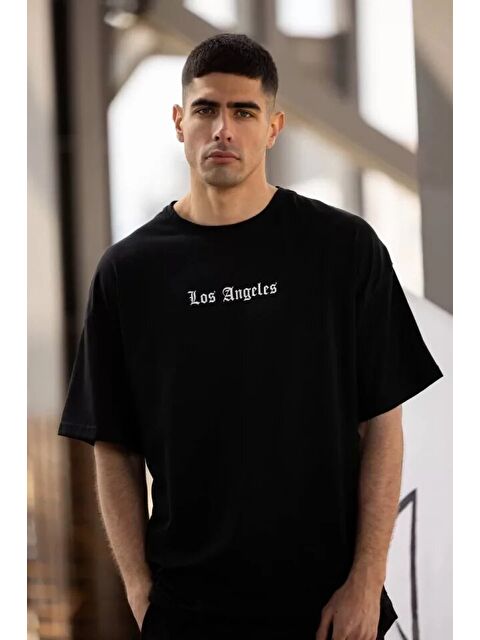 Jane's Unisex Bisiklet Yaka Baskılı Oversize T-Shirt - Siyah - S000528866-19351