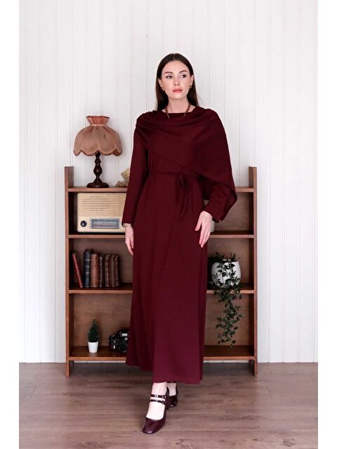 Ceylan Otantik Bordo Şal Yaka Elbise - S000360739-19951