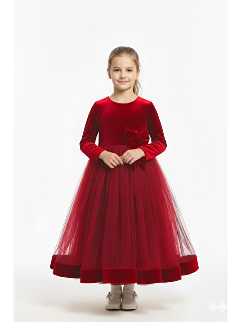 Modanino Kız Çocuk Kadife Elbise-Tül Detaylı-Fiyonk Süslemeli 7-12 Yaş 12441 - S000479882-20045