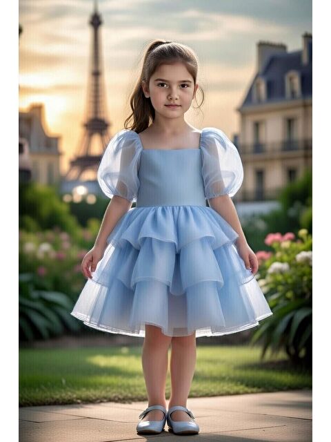 Riccotarz Kız Çocuk Kare Yaka Üzeri Kat Kat Pliseli Balon Kollu Kabarık Mavi Abiye - S000509066-17234