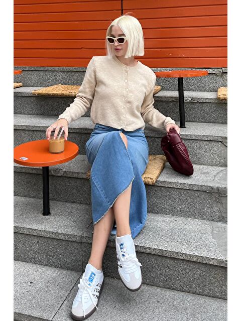 Madmext Bej Düğmeli Triko Hırka Mg2151 - S000360741-19928