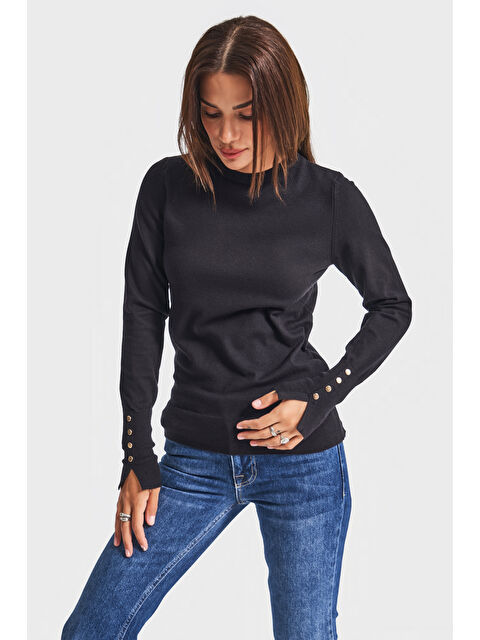 It's Basic Kadın Siyah Renk w5-1 Örme Triko Kumaş Bisiklet Yaka Kol Aksesuarlı Triko - S000439687-19351