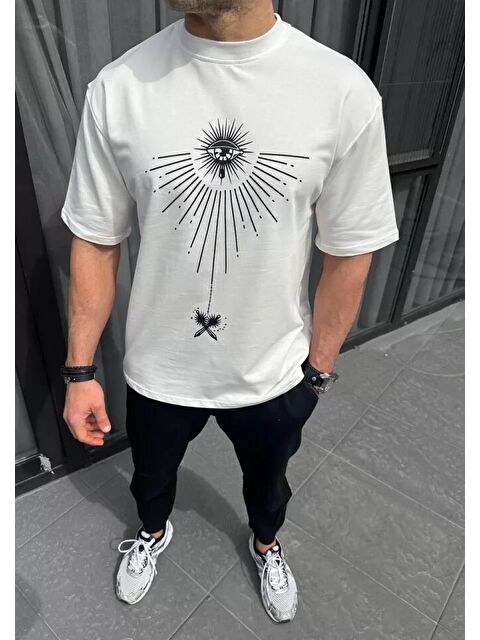 Jane's Unisex Bisiklet Yaka Baskılı Oversize T-Shirt - Beyaz - S000528869-20063