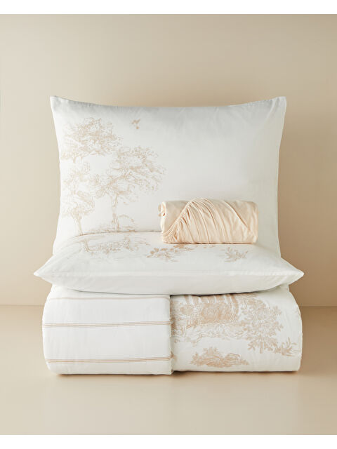 English Home Garden Toile Pamuk Çift Kişilik Nevresim Takımı 200x220 cm Bej