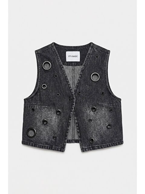 It's Basic Kadın Koyu Füme 2s6-1 Crop Fit Kuş Gözlü Tasarım Denim Yelek
