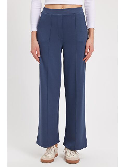 TUDORS Kadın Relax Fit Rahat Kesim Modal Kumaş Yüksel Bel Geniş Paça İndigo Pantolon - S000523044-23093