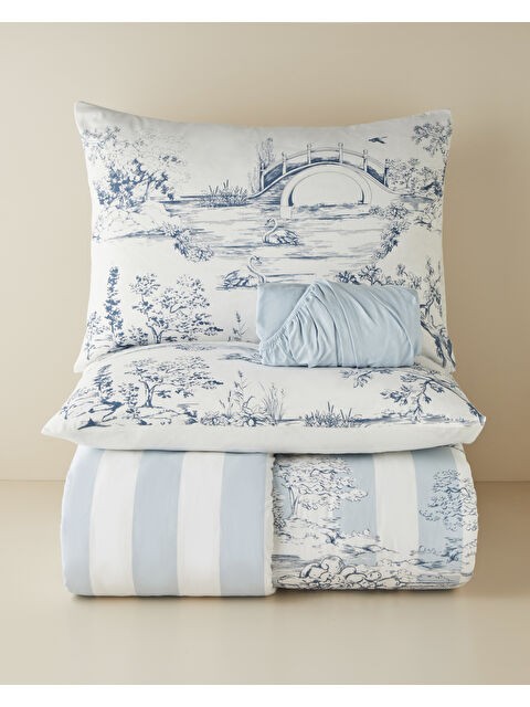 English Home Striped Jouy Pamuk Çift Kişilik Nevresim Takımı 200x220 cm Mavi