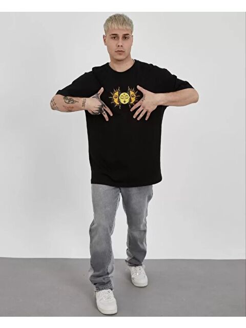 Jane's Unisex Bisiklet Yaka Baskılı Oversize T-Shirt - Siyah - S000528870-19351