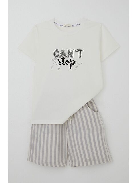 Breeze Erkek Çocuk Şortlu Takım Yazı Baskılı Bağcık Aksesuarlı Ekru (7 Yaş) - S000401067-19965