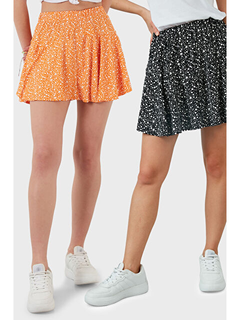 Lela Desenli Beli Lastikli Slim Fit Mini 2'li Paket Kadın Şort Etek 5864024S2