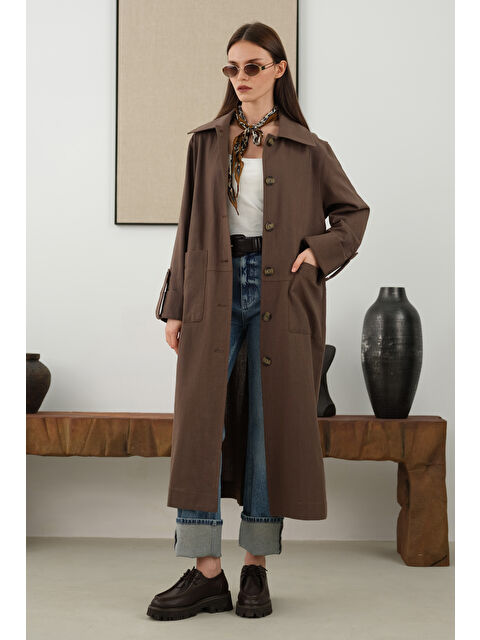 HE-QA Pamuk Keten Uzun Ceket Fındık