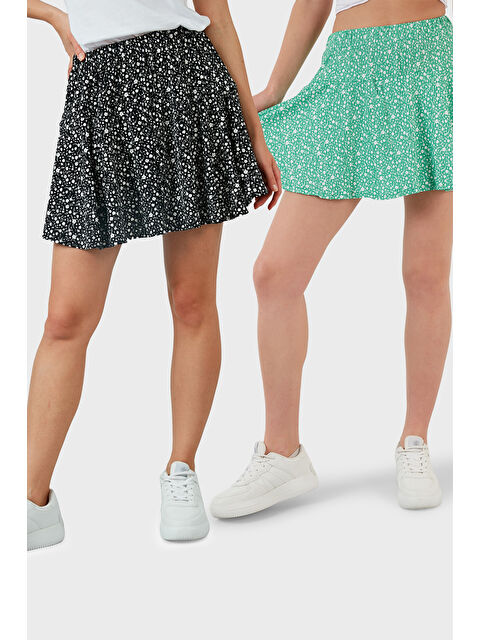 Lela Desenli Beli Lastikli Slim Fit Mini 2'li Paket Kadın Şort Etek 5864024S2 - S000385509-37472