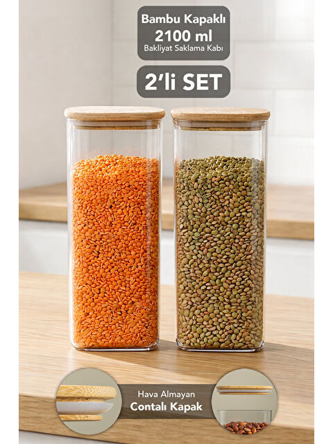Meleni Home 2'li Bambu Kapak Aura Kapaklı Kare Erzak Saklama Kabı 2100 ml