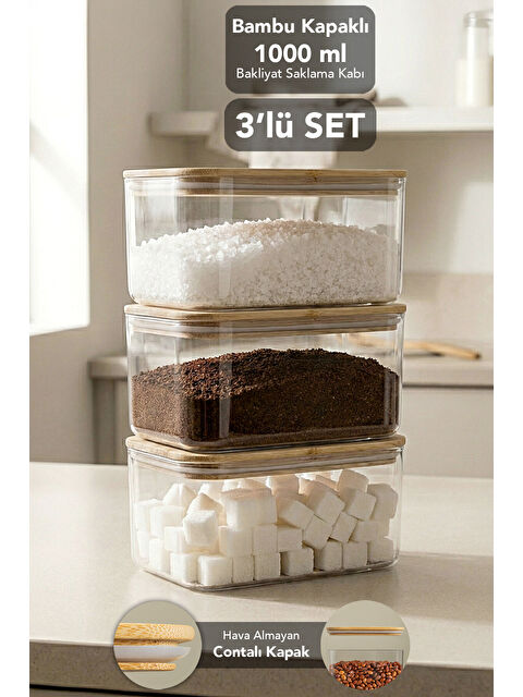 Meleni Home 3'lü Bambu Kapak Aura Dikdörtgen Erzak Saklama Kabı 1 l