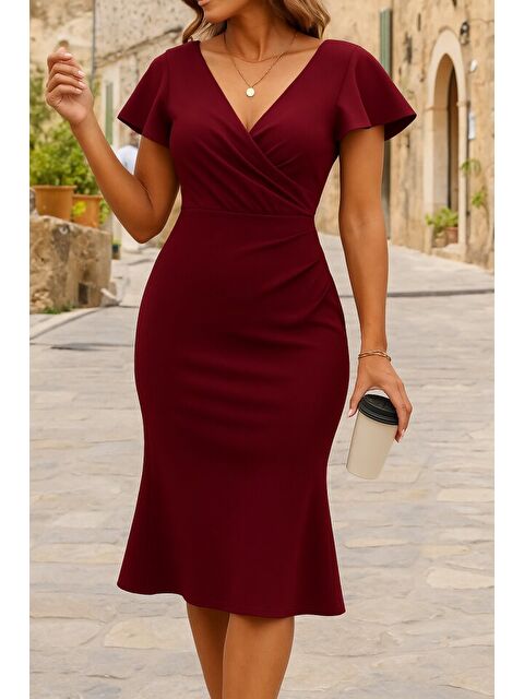 Jane's Kadın Kısa Kelebek Kollu Kruvaze Yaka Ithal Krep Midi Elbise - S000528873-19951