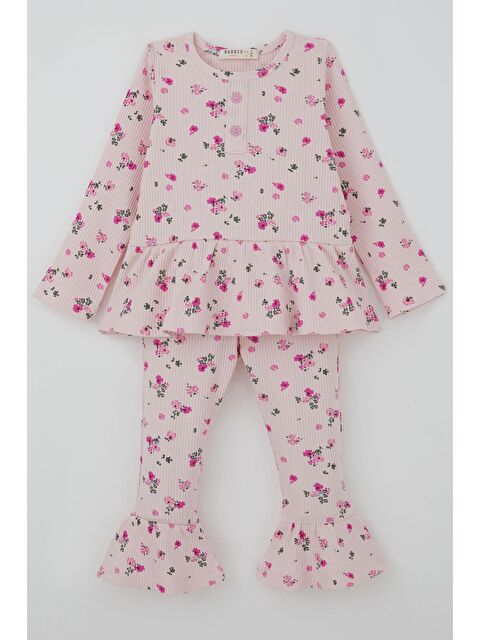 Breeze Kız Çocuk Taytlı Takım Çiçek Desenli Paça Kısmı Fırfır Detaylı Pembe (3-7 Yaş) - S000491430-20024