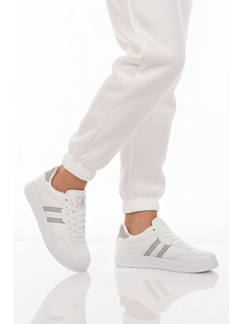 Ayakmod Beyaz Gri Bağcıklı Unisex Cilt Spor Ayakkabı 163 G - S000417162-37227