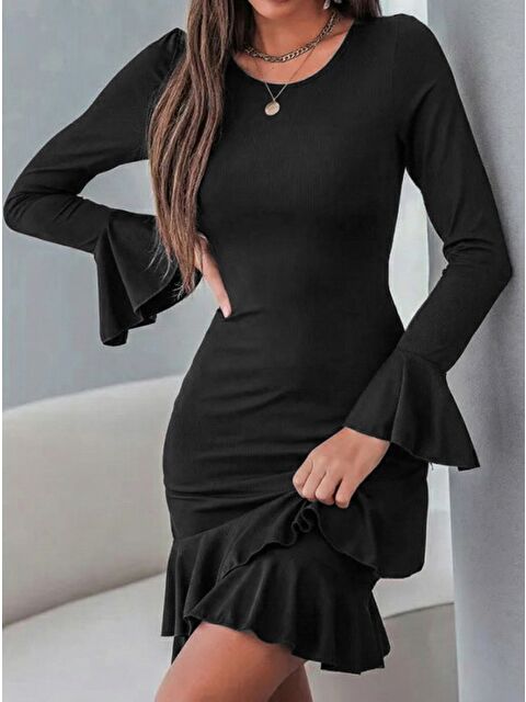 Jane's Kadın Uzun Kollu Yuvarlak Yaka Fırfırlı Kol Ucu Volanlı Janjan Krep Mini Elbise - S000528875-19351