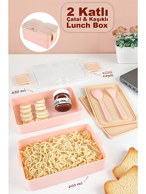 Meleni Home 2 Katlı Kilitli Beslenme Kabı - Kendinden Çatal Kaşıklı Lunch Box Beslenme Kutusu Saklama Kabı Pembe