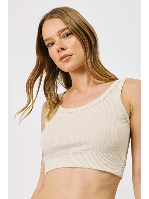 C&City Kadın Askılı Crop Fitilli Esnek Örme Atlet 926 Bej - S000226322-19928