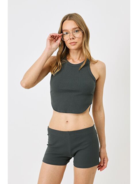 C&City Kadın Oval Fitilli Askılı Crop Atlet 920 Füme - S000226327-33408