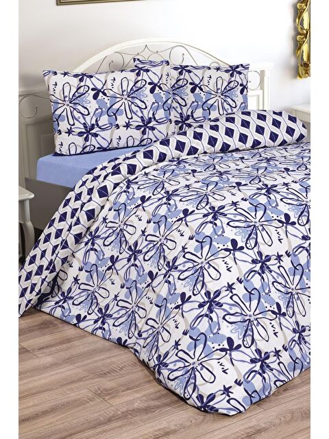 Çeyiz Diyarı Erika Çift Kişilik Lastikli Çarşaflı Nevresim Takımı Mavi - S000496224-17234