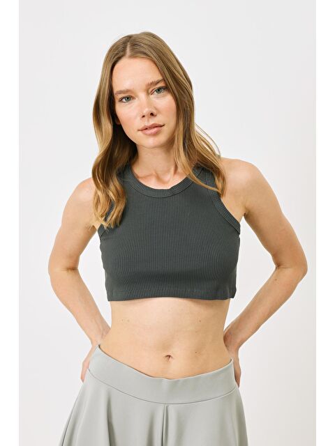 C&City Kadın Halter Yaka Fitilli Esnek Mini Crop Atlet 924 Füme - S000226328-33408