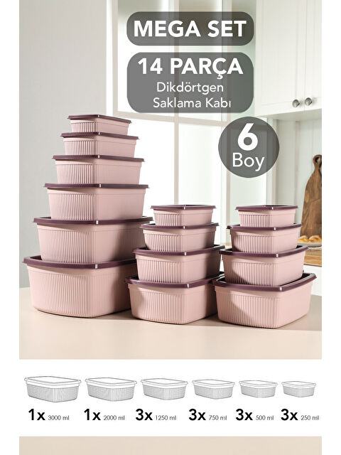 Meleni Home 14'lü Çizgili Dikdörtgen Gıda Saklama Kabı Seti