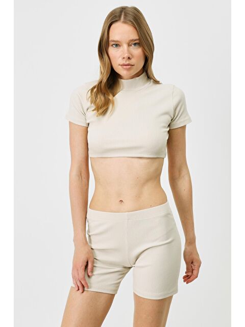 C&City Kadın Kısa Kol Dik Yaka Crop Fitilli Bluz 922 Bej - S000226325-19928