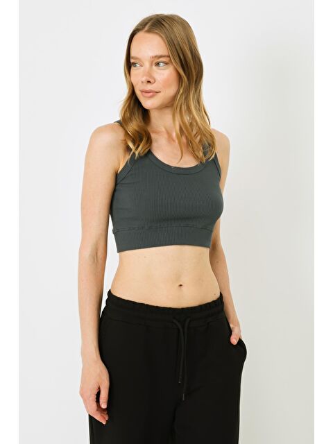 C&City Kadın Askılı Crop Fitilli Esnek Örme Atlet 926 Füme - S000226322-33408