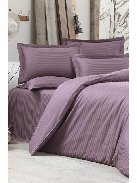 Çeyiz Diyarı Stripe Çift Kişilik PollySaten Nevresim Takımıı Lila - S000496235-17878