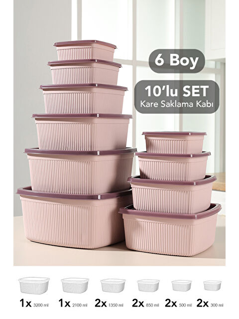 Meleni Home 10'lu Çizgili Kare Erzak Gıda Saklama Kabı Seti
