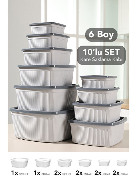 Meleni Home 10'lu Çizgili Kare Erzak Gıda Saklama Kabı Seti