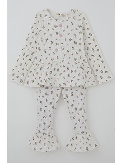 Breeze Kız Çocuk Taytlı Takım Çiçek Desenli Paça Kısmı Fırfır Detaylı Beyaz (3-7 Yaş) - S000491429-20063