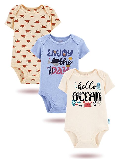 Mahfel 3'Lü Organik Baskılı Kısa Kollu Unisex Bebek Çıtçıtlı Body - S000177620-37263