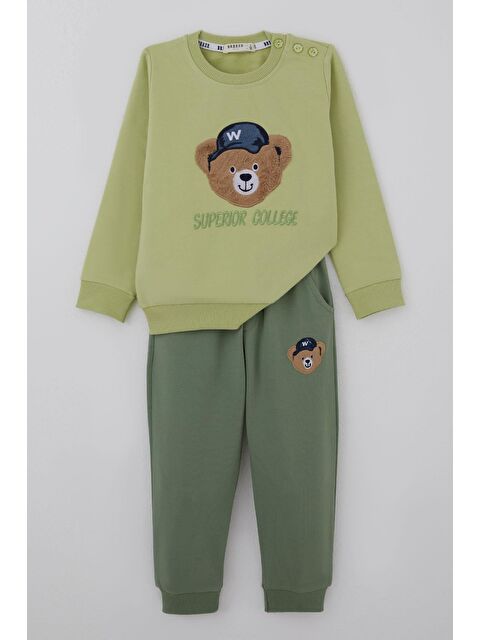 Breeze Erkek Bebek Eşofman Takımı Sevimli Ayıcık Aplikeli Kolej Model Fıstık Yeşili (9 Ay-3 Yaş)