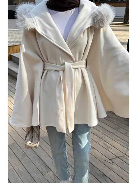 Lamelif Kapüşonlu Panço Krem - S000522591-19966