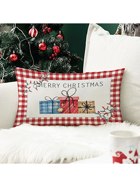 Evmila Yılbaşı Temalı Hediye Desenli Kadife Kırlent Kılıfı 35x55 cm - S000285267-23173