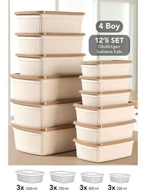 Meleni Home 12'li Çizgili Dikdörtgen Gıda Saklama Kabı Seti
